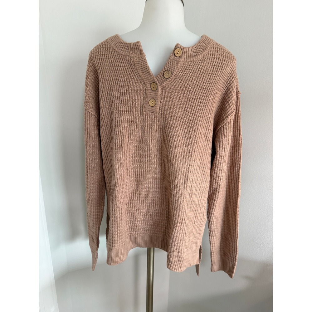 ZESICA Women Waffle Knit Henley Sweater Tan Camel Long Sleeve Pullover Medium